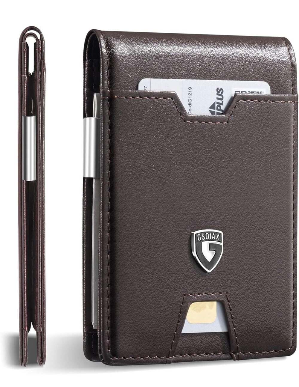 GSOIAX Men's Slim RFID Blocking Leather Wallet with Removable Money Clip and 11